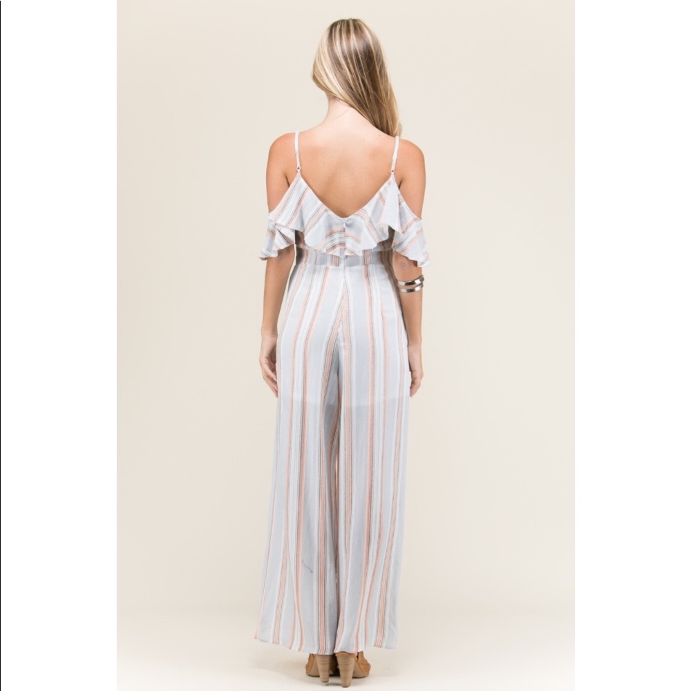 Cold Shoulder Ruffle Sleeve Striped Jumpsuit - Picture 3 of 6